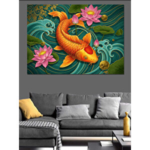 Lotuslar Arasında Koi Balığı Dekoratif Kanvas - Mdf Ahşap Tablo