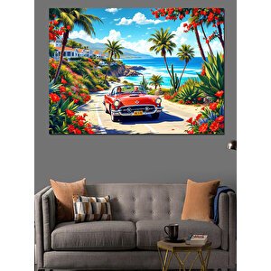 Kırmızı Klasik Araba Sahili Dekoratif Kanvas - Mdf Ahşap Tablo 100x140 cm