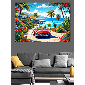 Kırmızı Klasik Araba Sahili Dekoratif Kanvas - Mdf Ahşap Tablo 100x140 cm