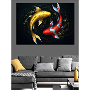 İki Japon Balığı Parıltılı Dekoratif Kanvas - Mdf Ahşap Tablo