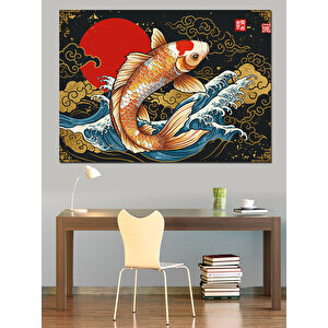 Dalgalarda Koi Balığı Sanatı Dekoratif Kanvas - Mdf Ahşap Tablo