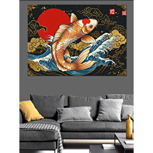 Dalgalarda Koi Balığı Sanatı Dekoratif Kanvas - Mdf Ahşap Tablo