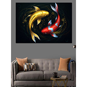 İki Japon Balığı Parıltılı Dekoratif Kanvas - Mdf Ahşap Tablo 50x70 cm