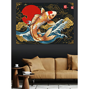Dalgalarda Koi Balığı Sanatı Dekoratif Kanvas - Mdf Ahşap Tablo 100x140 cm