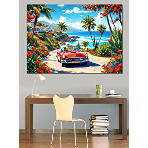 Kırmızı Klasik Araba Sahili Dekoratif Kanvas - Mdf Ahşap Tablo 50x70 cm