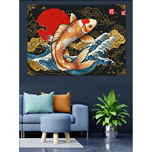 Dalgalarda Koi Balığı Sanatı Dekoratif Kanvas - Mdf Ahşap Tablo 50x70 cm