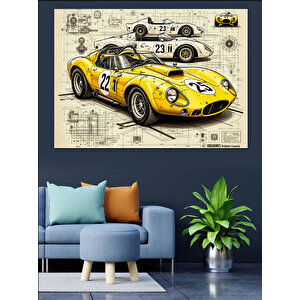 Sarı Yarış Arabası Dekoratif Kanvas - Mdf Ahşap Tablo 100x140 cm