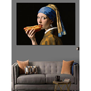 Hotdog Yiyen İnci Küpeli Kız Dekoratif Kanvas - Mdf Ahşap Tablo 100x140 cm