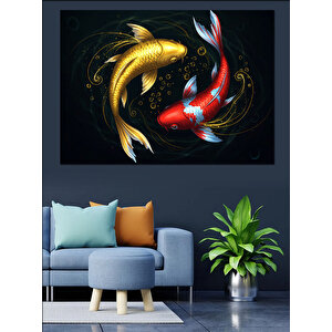İki Japon Balığı Parıltılı Dekoratif Kanvas - Mdf Ahşap Tablo 35x50 cm