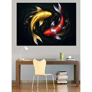 İki Japon Balığı Parıltılı Dekoratif Kanvas - Mdf Ahşap Tablo 35x50 cm