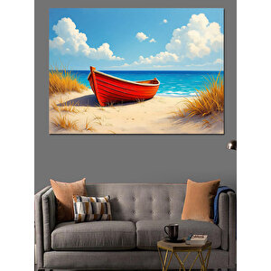 Kırmızı Kayık Kumsalda Dekoratif Kanvas - Mdf Ahşap Tablo