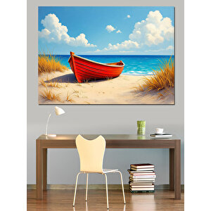 Kırmızı Kayık Kumsalda Dekoratif Kanvas - Mdf Ahşap Tablo 35x50 cm
