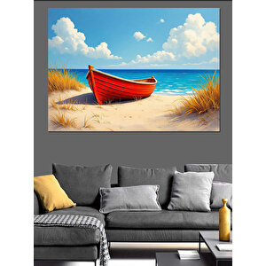 Kırmızı Kayık Kumsalda Dekoratif Kanvas - Mdf Ahşap Tablo 35x50 cm