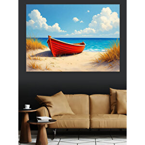 Kırmızı Kayık Kumsalda Dekoratif Kanvas - Mdf Ahşap Tablo 35x50 cm