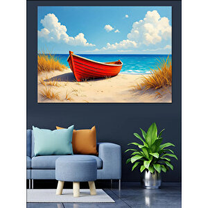 Kırmızı Kayık Kumsalda Dekoratif Kanvas - Mdf Ahşap Tablo