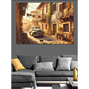 Eski Sokakta Nostaljik Araba Dekoratif Kanvas - Mdf Ahşap Tablo