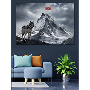 Dağ Zirvesinde Kurt Ve Bayrak Dekoratif Kanvas - Mdf Ahşap Tablo 50x70 cm