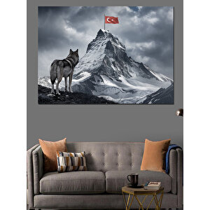 Dağ Zirvesinde Kurt Ve Bayrak Dekoratif Kanvas - Mdf Ahşap Tablo 50x70 cm