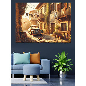 Eski Sokakta Nostaljik Araba Dekoratif Kanvas - Mdf Ahşap Tablo 100x140 cm