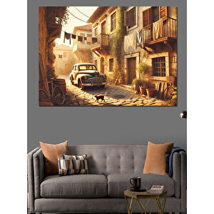 Eski Sokakta Nostaljik Araba Dekoratif Kanvas - Mdf Ahşap Tablo 100x140 cm