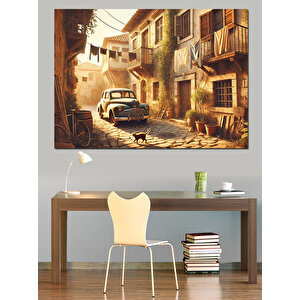 Eski Sokakta Nostaljik Araba Dekoratif Kanvas - Mdf Ahşap Tablo 100x140 cm