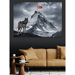 Dağ Zirvesinde Kurt Ve Bayrak Dekoratif Kanvas - Mdf Ahşap Tablo 35x50 cm