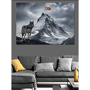 Dağ Zirvesinde Kurt Ve Bayrak Dekoratif Kanvas - Mdf Ahşap Tablo
