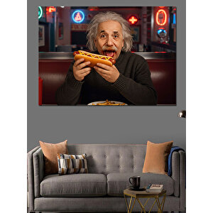 Einstein Hotdog Yiyen Portresi Dekoratif Kanvas - Mdf Ahşap Tablo 50x70 cm