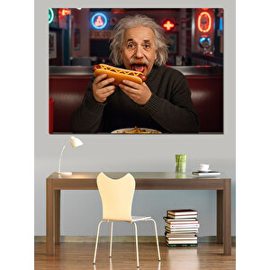 Einstein Hotdog Yiyen Portresi Dekoratif Kanvas - Mdf Ahşap Tablo 50x70 cm