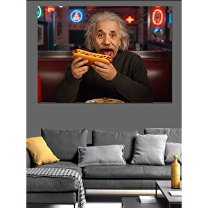 Einstein Hotdog Yiyen Portresi Dekoratif Kanvas - Mdf Ahşap Tablo 50x70 cm