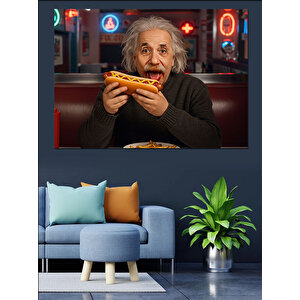 Einstein Hotdog Yiyen Portresi Dekoratif Kanvas - Mdf Ahşap Tablo