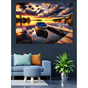 İskelede Gün Batımı Sandal Dekoratif Kanvas - Mdf Ahşap Tablo 70x100 cm