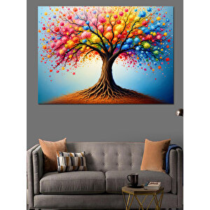 Renkli Yapraklı Hayat Ağacı Dekoratif Kanvas - Mdf Ahşap Tablo