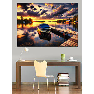 İskelede Gün Batımı Sandal Dekoratif Kanvas - Mdf Ahşap Tablo 100x140 cm