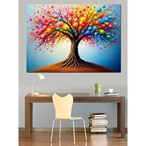 Renkli Yapraklı Hayat Ağacı Dekoratif Kanvas - Mdf Ahşap Tablo 70x100 cm