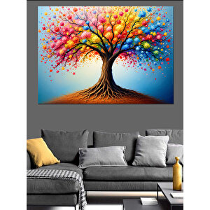 Renkli Yapraklı Hayat Ağacı Dekoratif Kanvas - Mdf Ahşap Tablo 70x100 cm