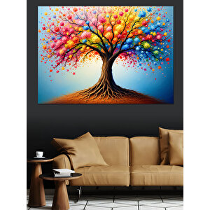Renkli Yapraklı Hayat Ağacı Dekoratif Kanvas - Mdf Ahşap Tablo 35x50 cm