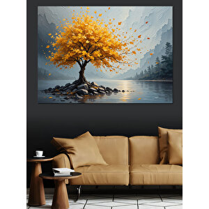 Sarı Yapraklı Yalnız Ağaç Dekoratif Kanvas - Mdf Ahşap Tablo 70x100 cm