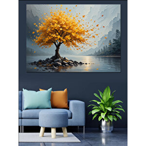 Sarı Yapraklı Yalnız Ağaç Dekoratif Kanvas - Mdf Ahşap Tablo 70x100 cm