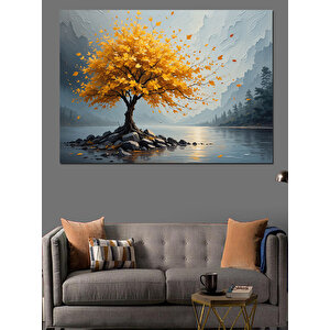 Sarı Yapraklı Yalnız Ağaç Dekoratif Kanvas - Mdf Ahşap Tablo 70x100 cm