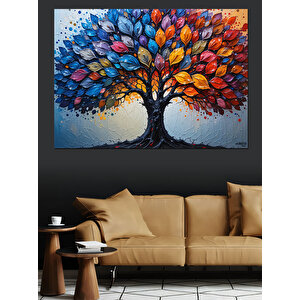 Renkli Yapraklı Ağaç Dekoratif Kanvas - Mdf Ahşap Tablo 35x50 cm