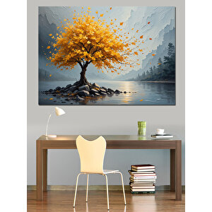 Sarı Yapraklı Yalnız Ağaç Dekoratif Kanvas - Mdf Ahşap Tablo