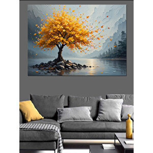 Sarı Yapraklı Yalnız Ağaç Dekoratif Kanvas - Mdf Ahşap Tablo