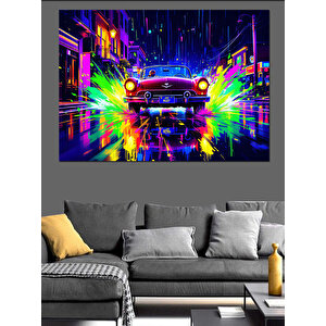 Neon Işıklar Ve Klasik Araba Dekoratif Kanvas - Mdf Ahşap Tablo 50x70 cm