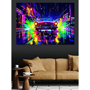 Neon Işıklar Ve Klasik Araba Dekoratif Kanvas - Mdf Ahşap Tablo 50x70 cm