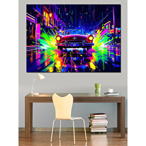 Neon Işıklar Ve Klasik Araba Dekoratif Kanvas - Mdf Ahşap Tablo 35x50 cm