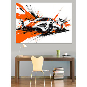 Portakal Renkli Yarış Arabası Dekoratif Kanvas - Mdf Ahşap Tablo 35x50 cm