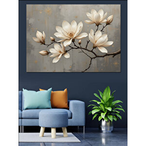 Altın Yapraklı Beyaz Manolyalar Dekoratif Kanvas - Mdf Ahşap Tablo 100x140 cm