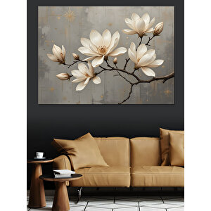 Altın Yapraklı Beyaz Manolyalar Dekoratif Kanvas - Mdf Ahşap Tablo 25x35 cm