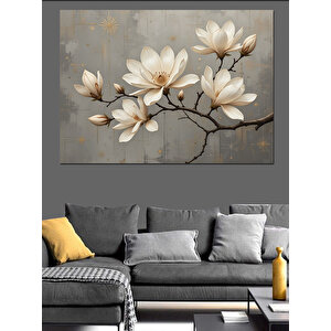Altın Yapraklı Beyaz Manolyalar Dekoratif Kanvas - Mdf Ahşap Tablo